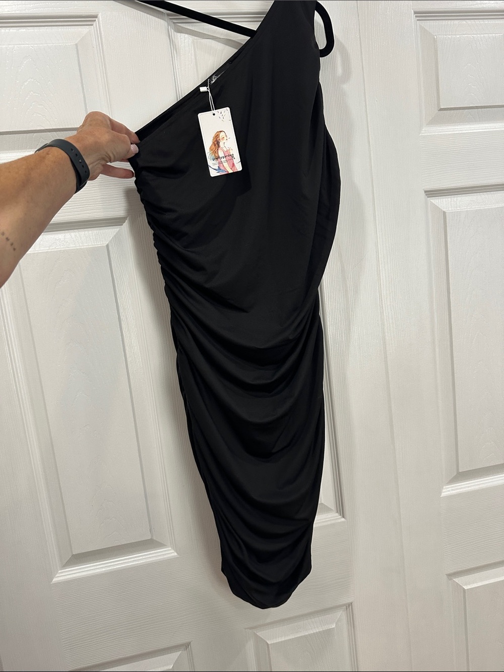PrettyGarden Black One-Shoulder Ruched Dress